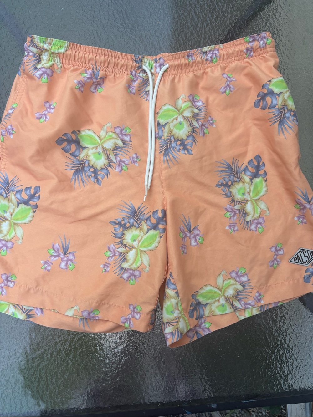 PacSun Peach Floral Swim Trunks with Purple & Green Accents